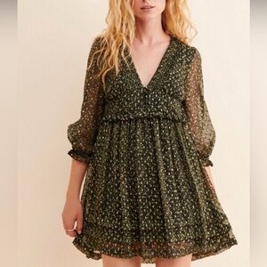 Urban Outfitters Metallic Green Gold Chiffon Babydoll Mini Dress M EUC